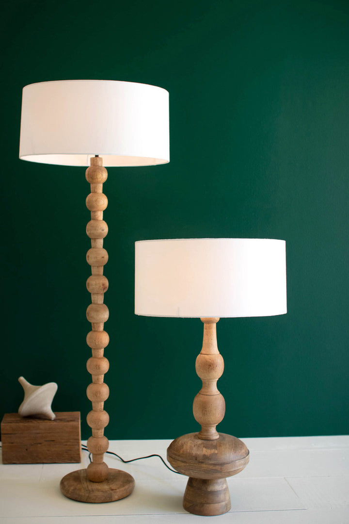 Carved Wooden Floor Lamp With Off-White Barrel Shade