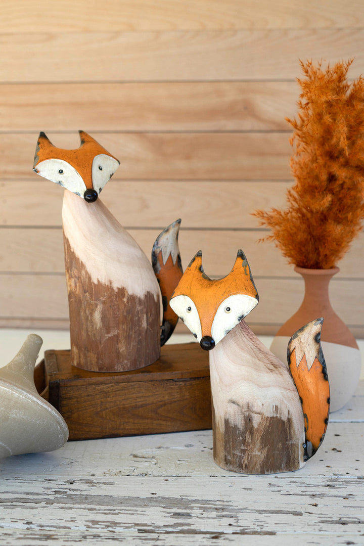 Set Of 2 Recycled Wood And Iron Foxes