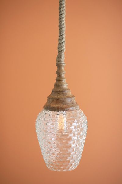 Clear Glass And Mango Wood Pendant Light With Rope