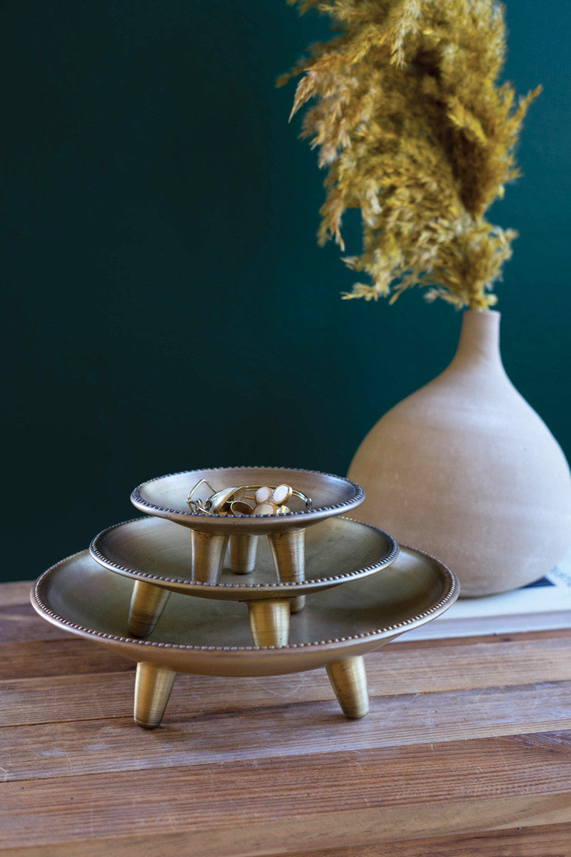 Set Of 3 Round Metal Compotes With Antique Brass Finish