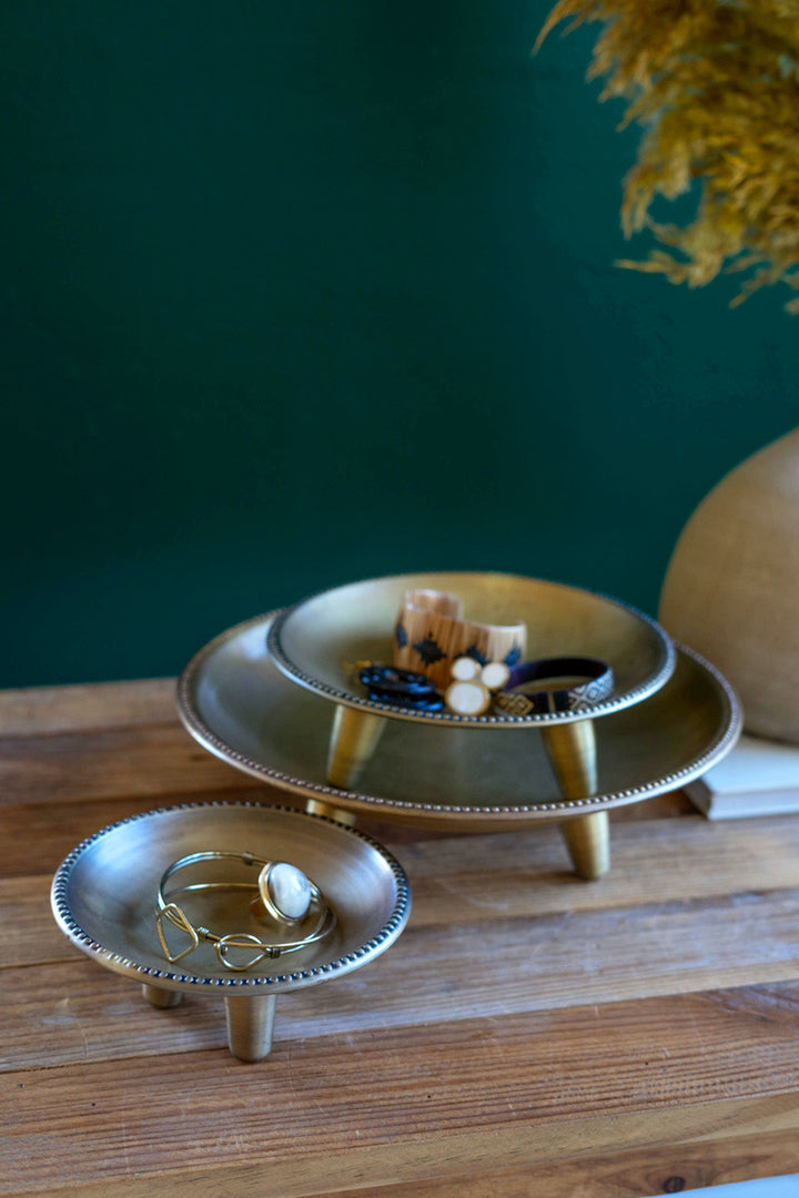 Set Of 3 Round Metal Compotes With Antique Brass Finish