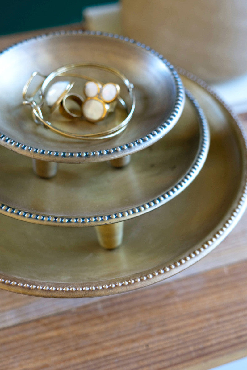 Set Of 3 Round Metal Compotes With Antique Brass Finish