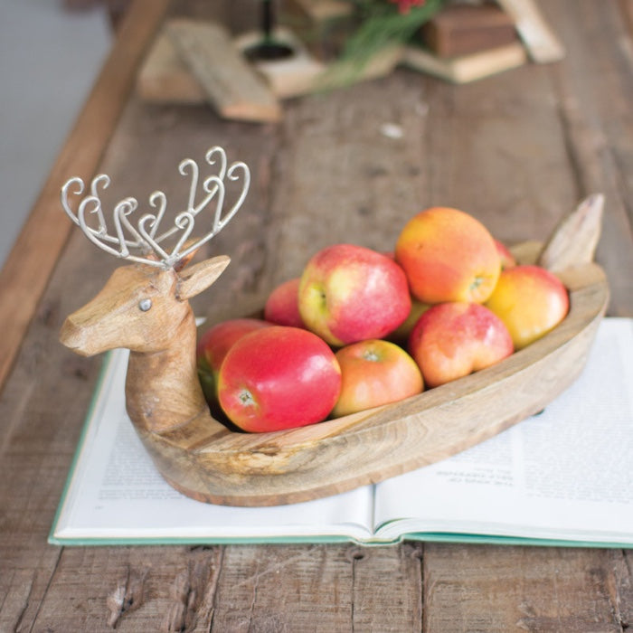 Hand Carved Mango Wood Reindeer Bowl with Metal Antlers