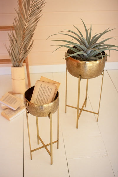 Set Of 2 Brass Finish Planters With Stands