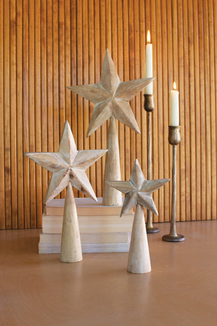 Set Of 3 White-Wash Wooden Table Top Stars