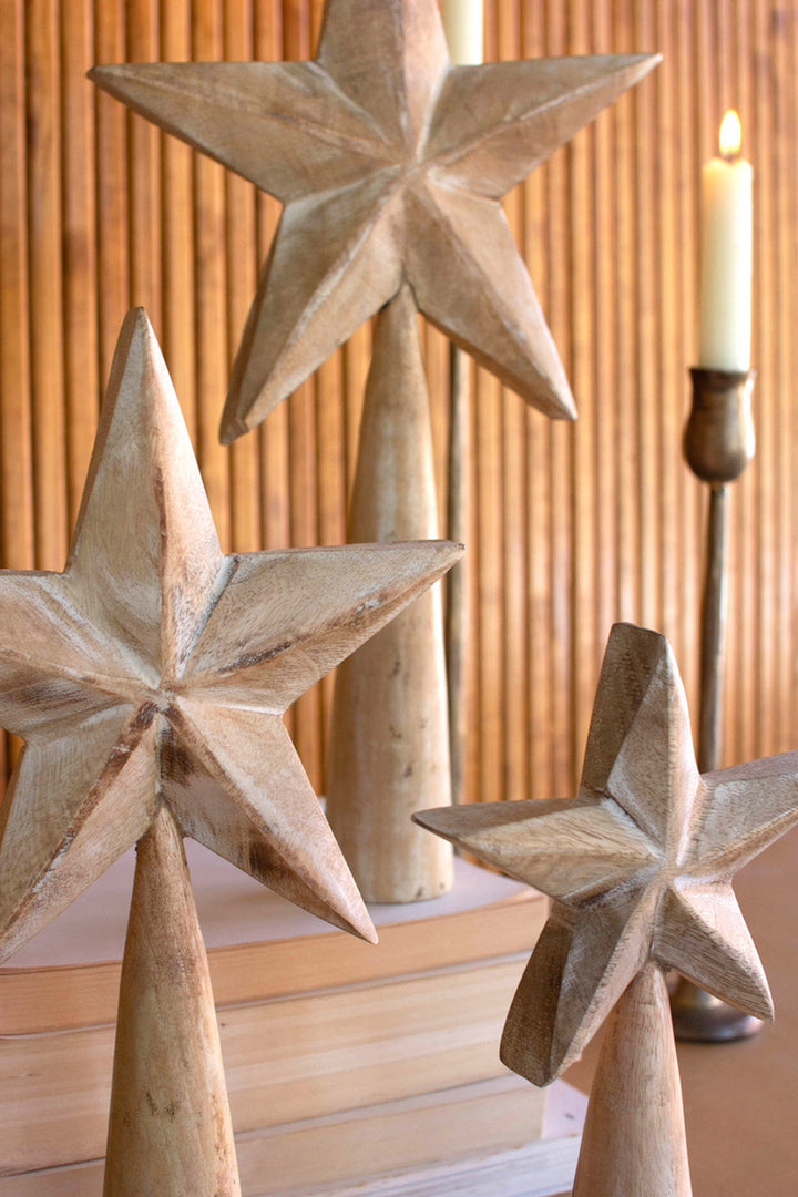 Set Of 3 White-Wash Wooden Table Top Stars