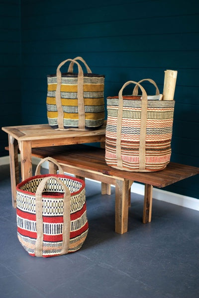 Multi-Colored Woven Jute Baskets With Handles Set Of Three