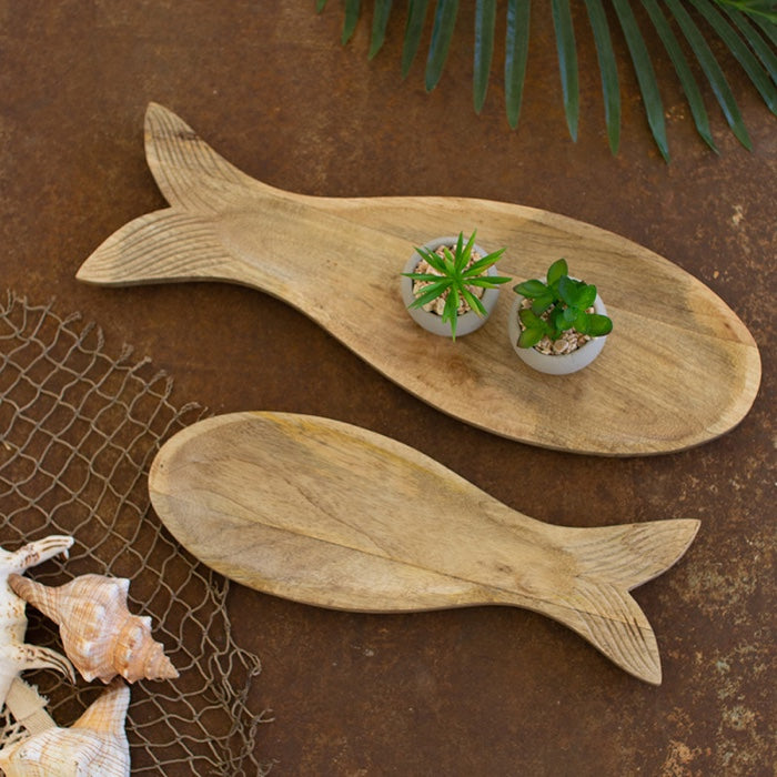 Set Of 2 Carved Wooden Fish Platters