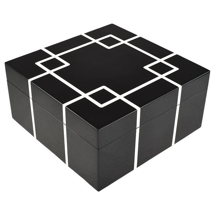 Lacquer Square Hinged Box 8x8 (Black & White Interlock)