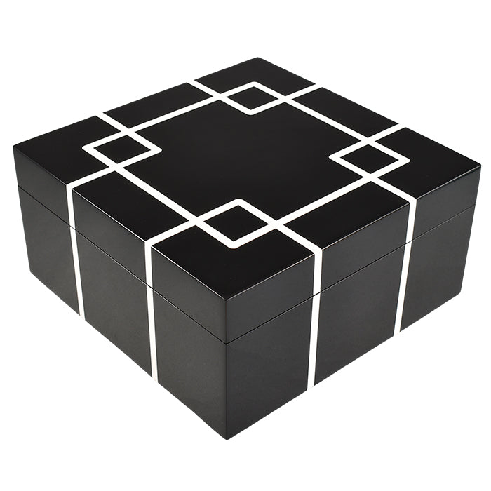 Lacquer Square Hinged Box 10x10 (Black & White Interlock)