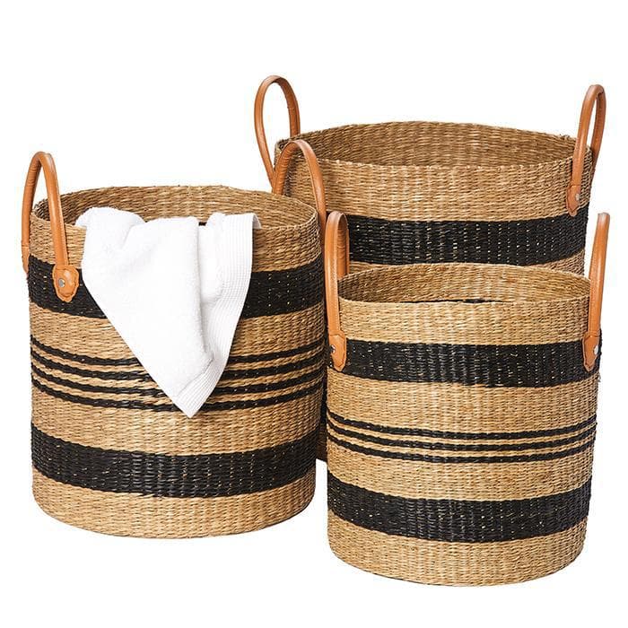Hudson Black Natural Seagrass Baskets, Set of 3