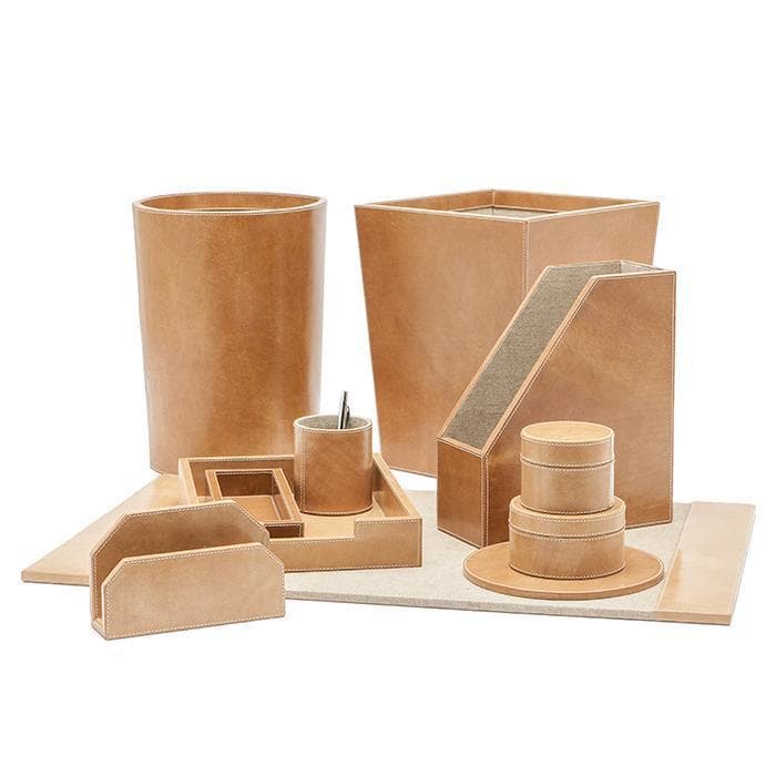 Leon Caramel Leather Round Waste Basket, Straight