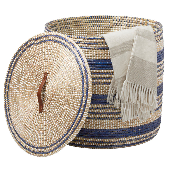 Olinda Round Natural Seagrass Oversized Hamper (Dark/Blue)