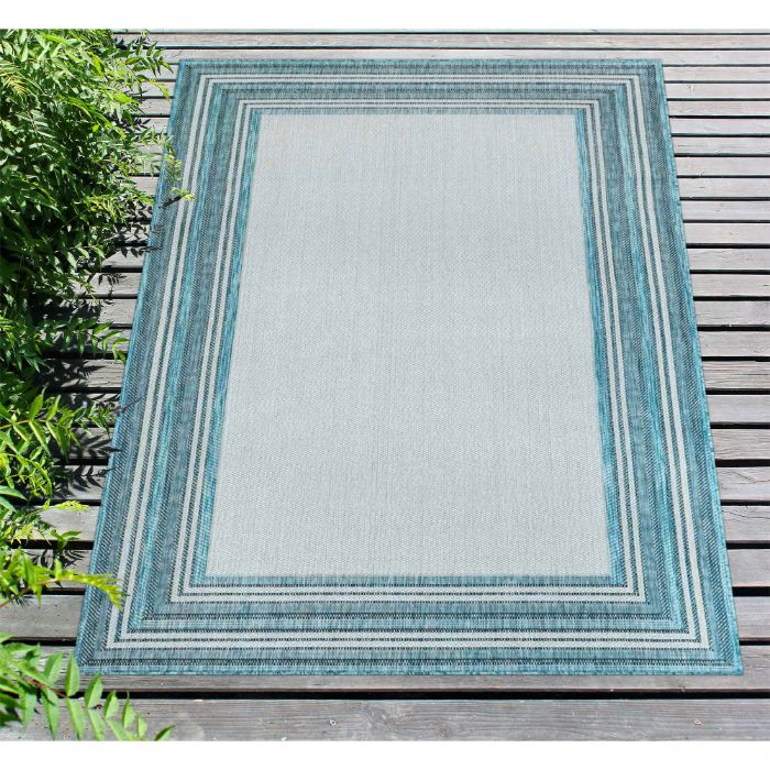 Liora Manne Carmel Multi Border Indoor/Outdoor Rug Aqua