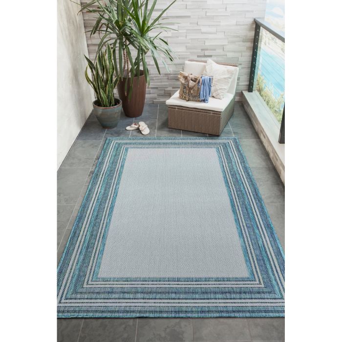 Liora Manne Carmel Multi Border Indoor/Outdoor Rug Aqua