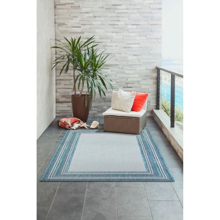 Liora Manne Carmel Multi Border Indoor/Outdoor Rug Aqua
