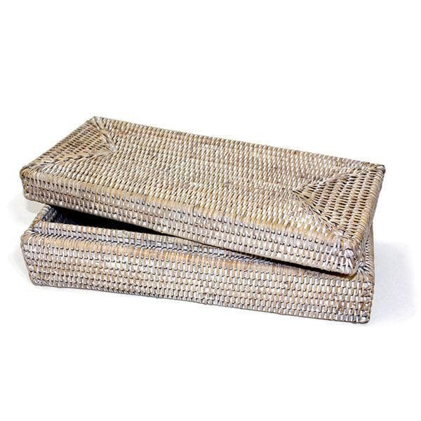 White Washed Rattan Long Rectangular Lidded Box