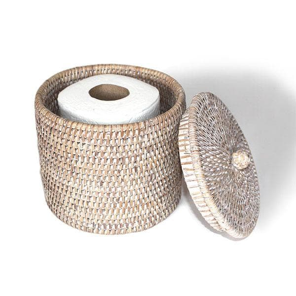 White Rattan Toilet Paper Holder Basket Set of 2 Hudson Vine