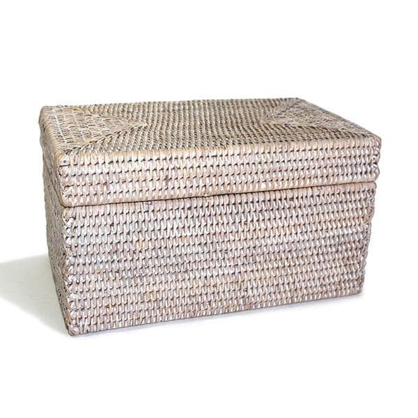 White Washed Rattan Rectangular Lidded Storage Basket - Hudson & Vine