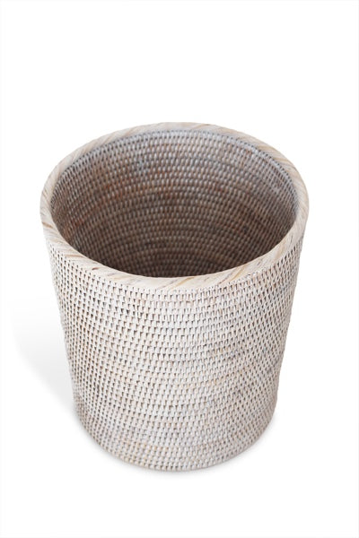 White Wash Rattan Round Waste Basket