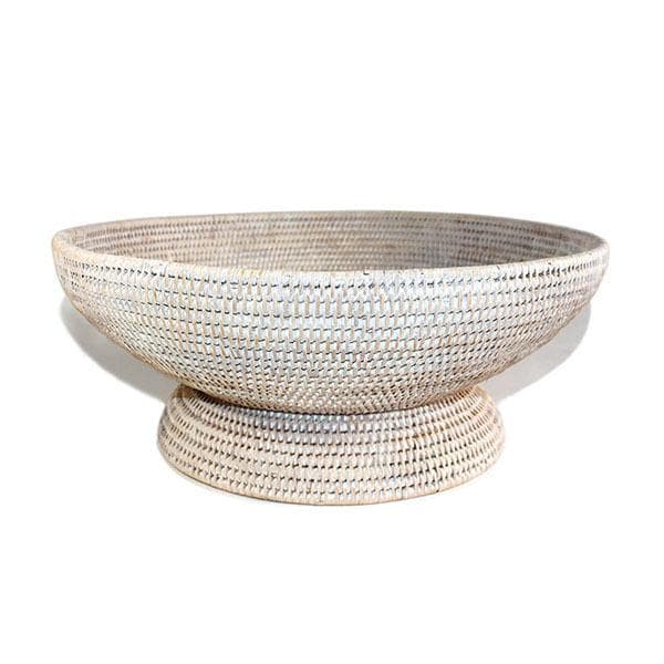 White Washed Rattan Large Round Fruit Pedestal Basket Bowl