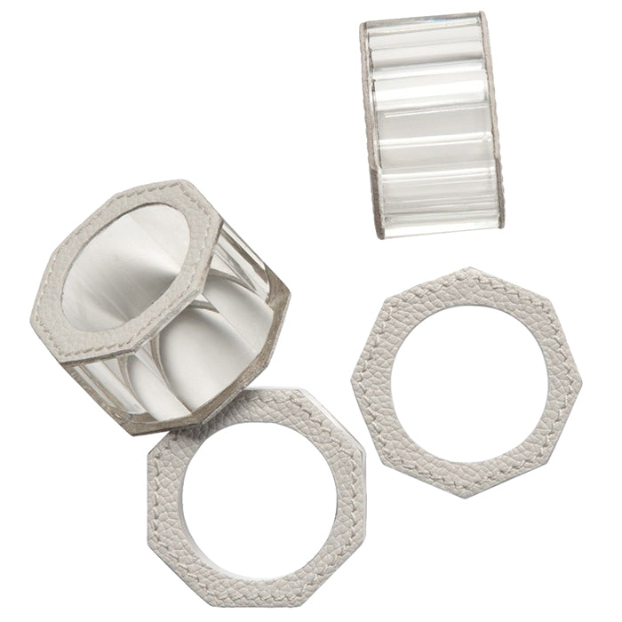 Arthur Light Gray Leather/Clear Glass Crystal Napkin Rings, Set/4
