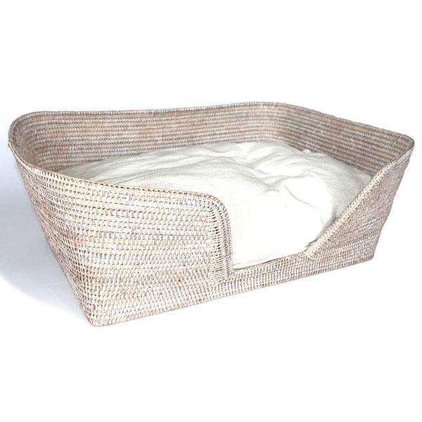 White Washed Rattan Dog Bed Basket 26"