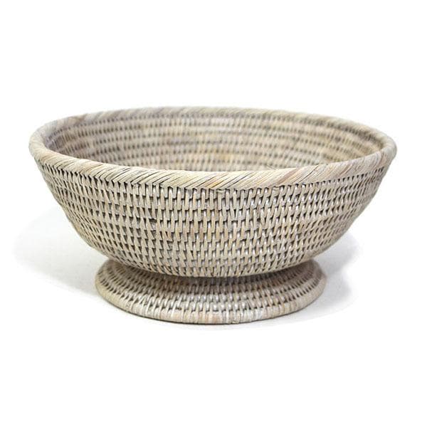 White Washed Rattan Large Round Fruit Pedestal Basket Bowl - Thumbnail 3
