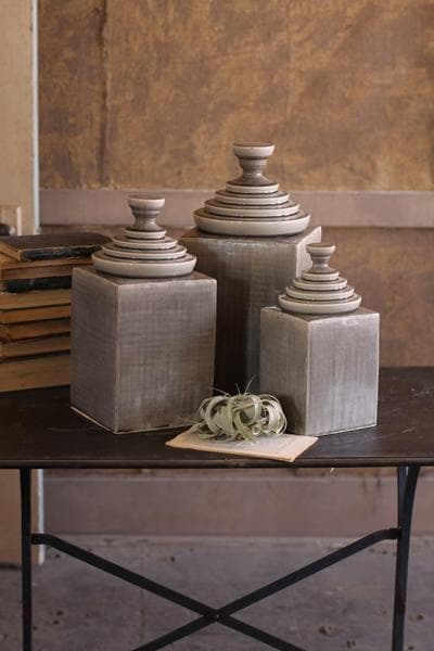 S/3 Grey Textured Ceramic Canisters with Pyramid Tops