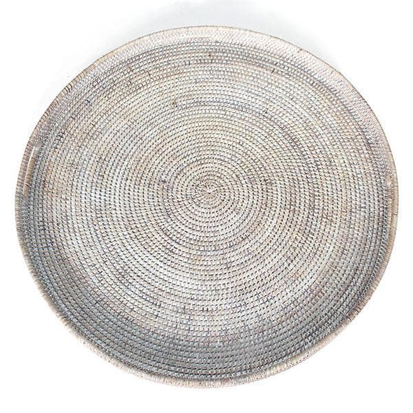 White Washed Rattan Tray w/ Handle Round 26"