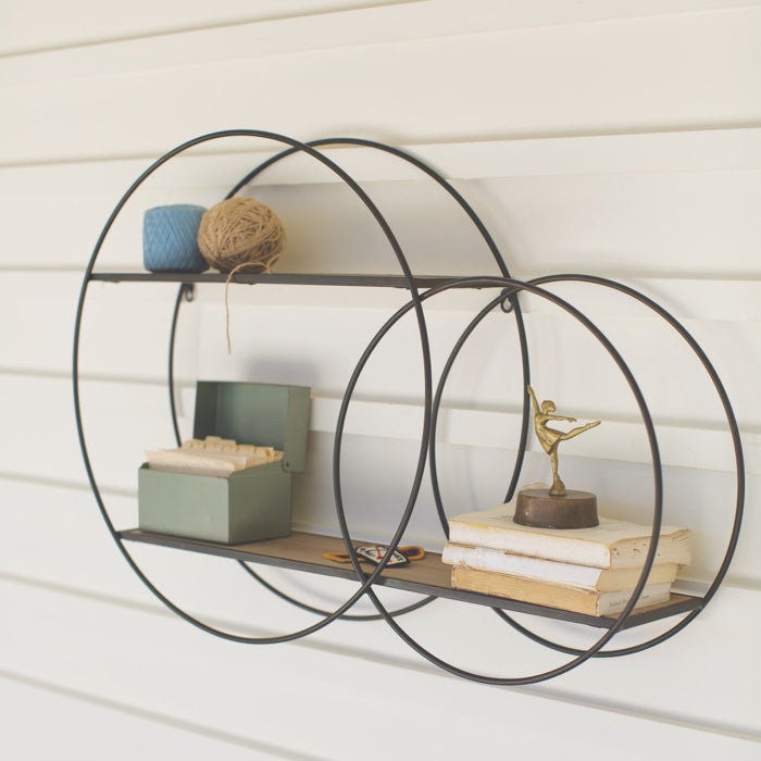 Metal Double Circle Wall Unit With Wood Shelves